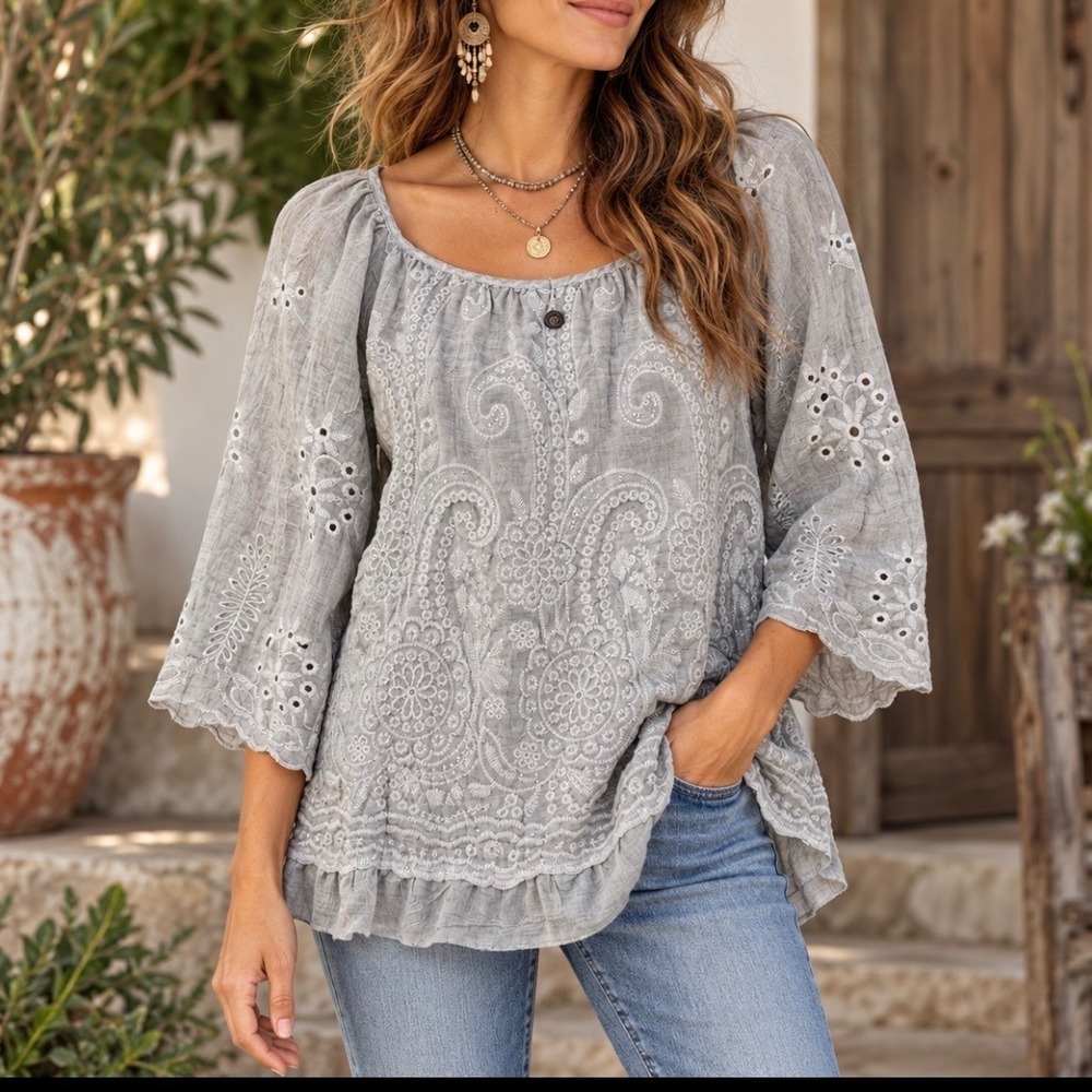 Boho Embroidered Eyelet Sequin Cotton Blouse L Grey Lettuce Trim 3/4 SLeeves